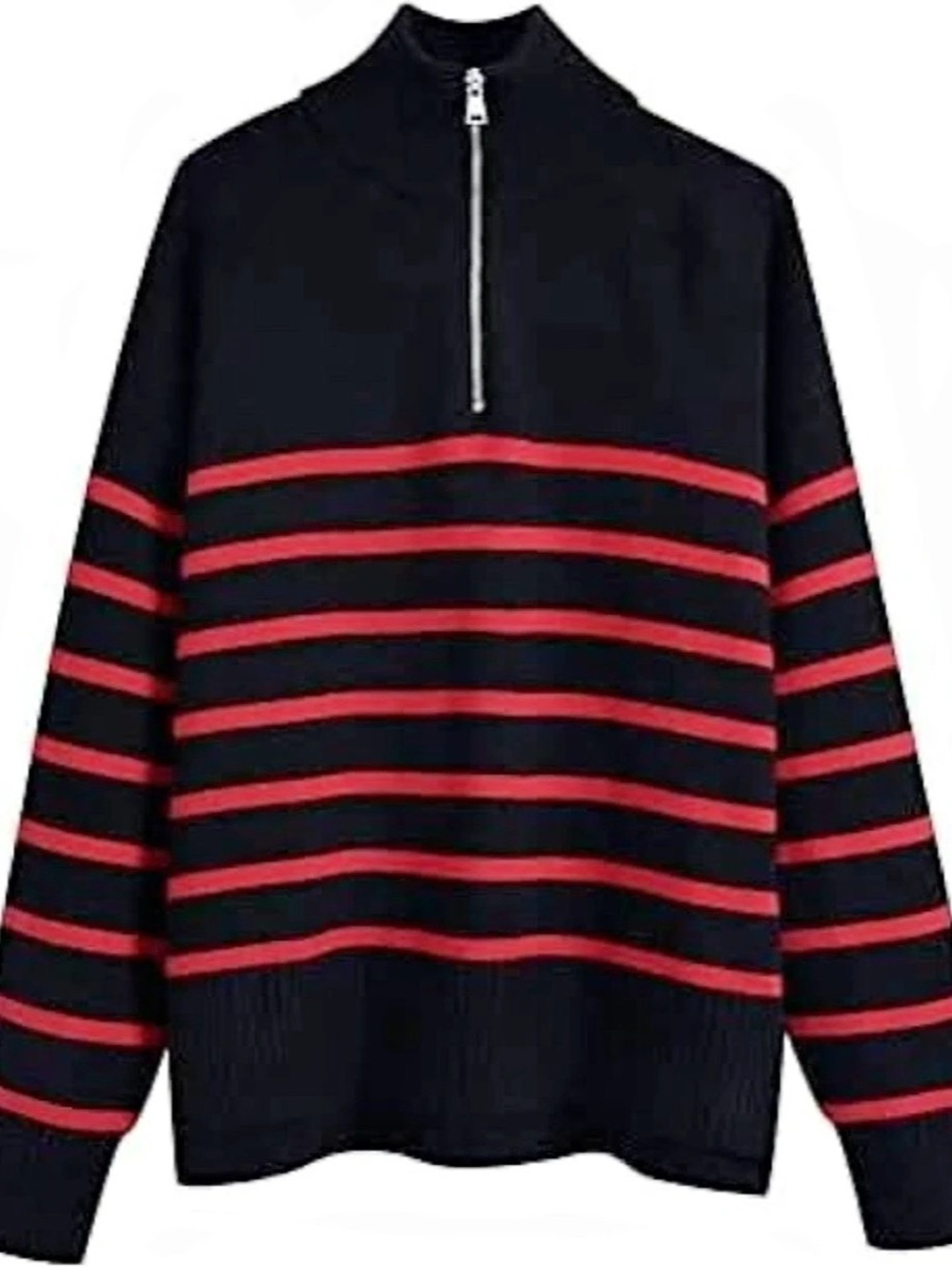 Zara Striped Knit Zip-Up Jumper Black & Red Small